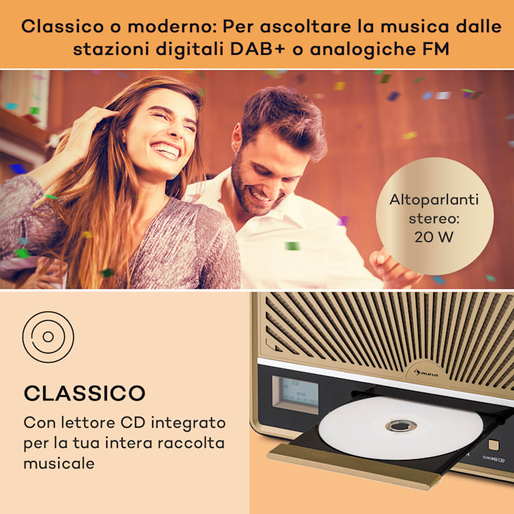 Glastonbury DAB - Radio con lettore CD, casse stereo, BT, DAB/FM, MP3, USB, line-in Nero
