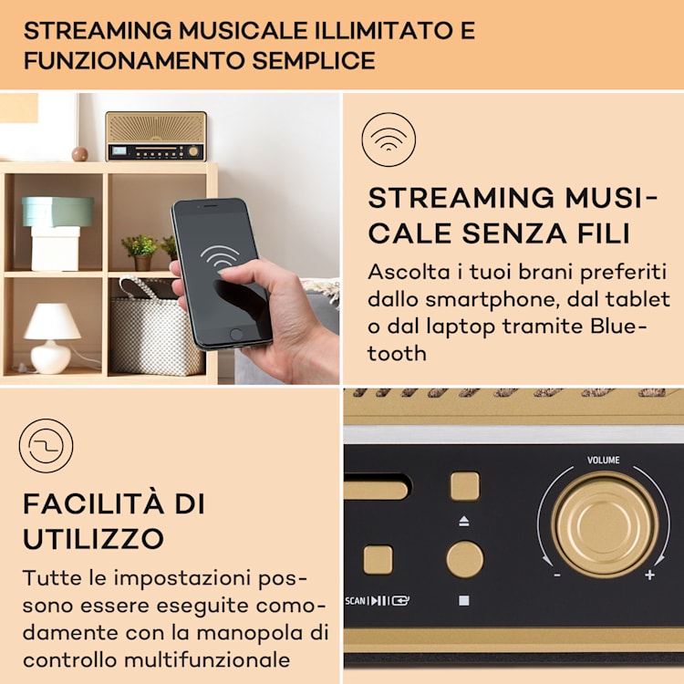 Glastonbury DAB - Radio con lettore CD, casse stereo, BT, DAB/FM, MP3, USB, line-in Nero