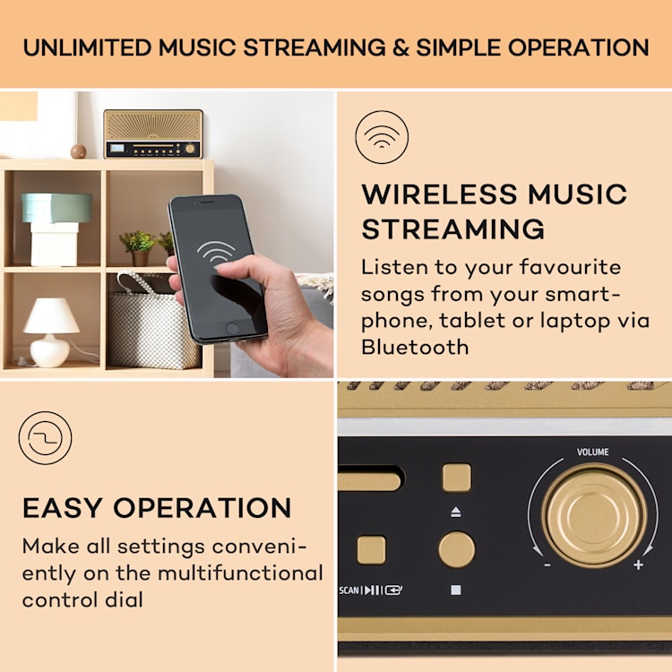 Glastonbury, DAB CD-rádio, stereo reproduktory, BT, DAB/UWK, MP3, USB, Line-In Čierna