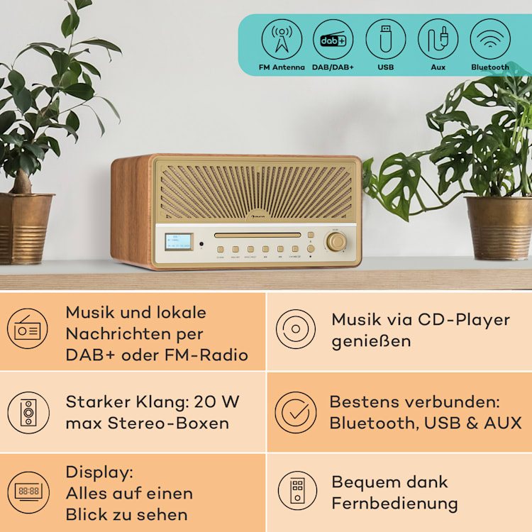 Glastonbury DAB CD-Radio Stereo-Lautsprecher BT DAB/UWK USB Line-In Sand