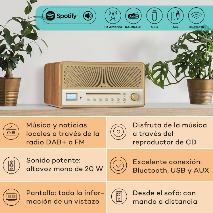 Glastonbury DAB CD Radio Altavoz estéreo BT DAB/UWK MP3 USB Line-In Arena