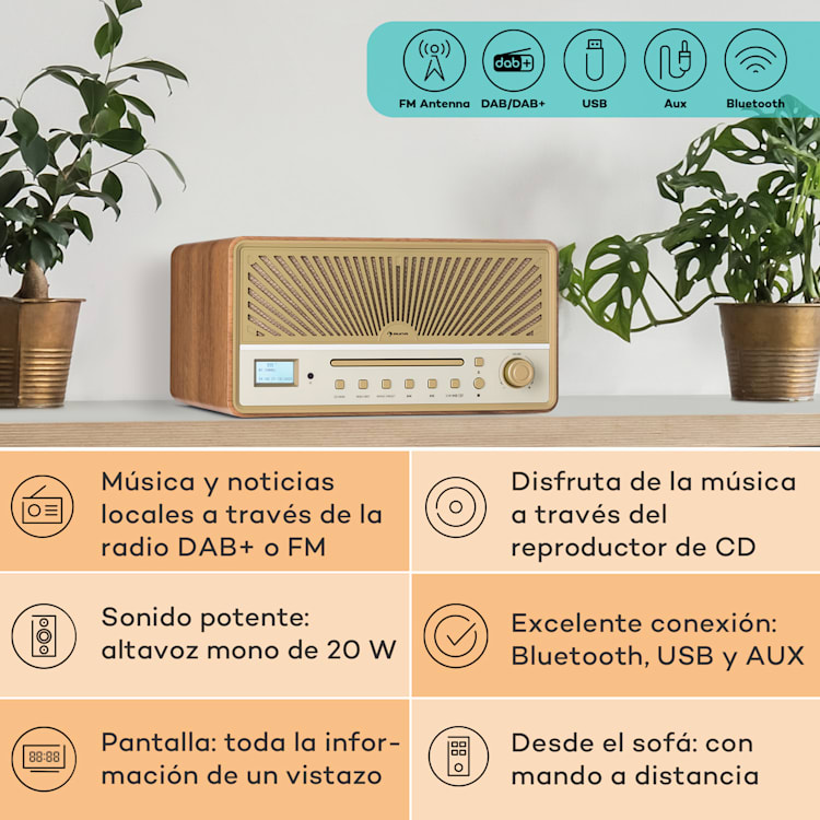 Glastonbury DAB CD Radio Altavoz estéreo BT DAB/UWK MP3 USB Line-In Arena
