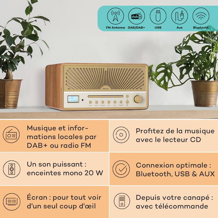 Glastonbury Radio DAB CD enceinte stéréo Bluetooth DAB/FM MP3 USB Line-In Sable