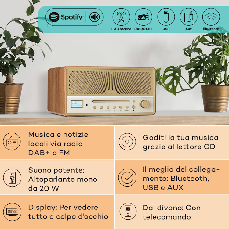 Glastonbury DAB - Radio con lettore CD, casse stereo, BT, DAB/FM, MP3, USB, line-in Sabbia
