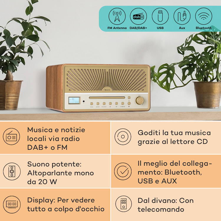 Glastonbury DAB - Radio con lettore CD, casse stereo, BT, DAB/FM, MP3, USB, line-in Sabbia