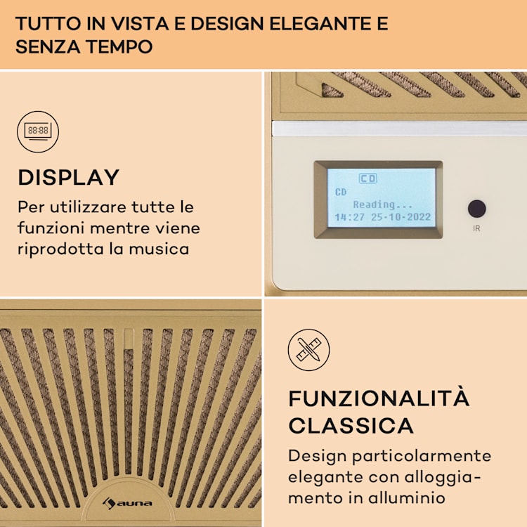 Glastonbury DAB - Radio con lettore CD, casse stereo, BT, DAB/FM, MP3, USB, line-in Sabbia