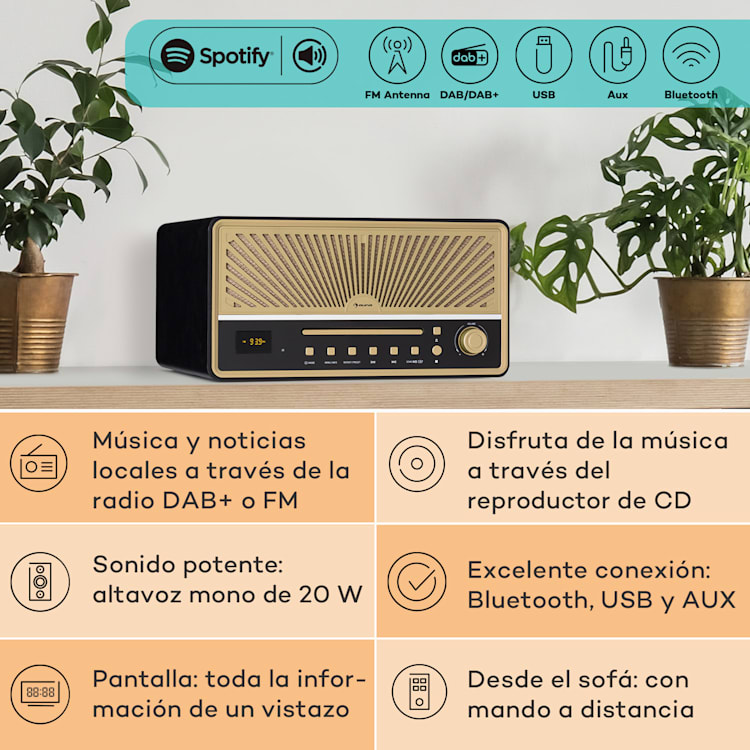 Glastonbury FM CD Radio Bluetooth Altavoz estéreo UWK MP3 USB Line-In Negro
