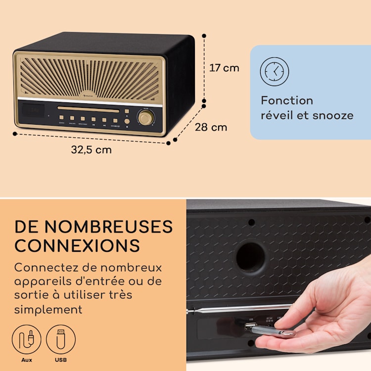 Glastonbury Radio FM CD enceinte stéréo Bluetooth FM MP3 USB Line-In Noir