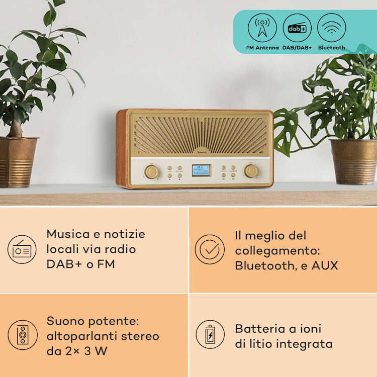 Glastonbury Go - Radio digitale, stereo, batteria agli ioni di litio, BT, DAB/FM, MP3, USB, line-in Teak