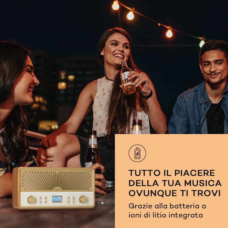 Glastonbury Go - Radio digitale, stereo, batteria agli ioni di litio, BT, DAB/FM, MP3, USB, line-in Teak