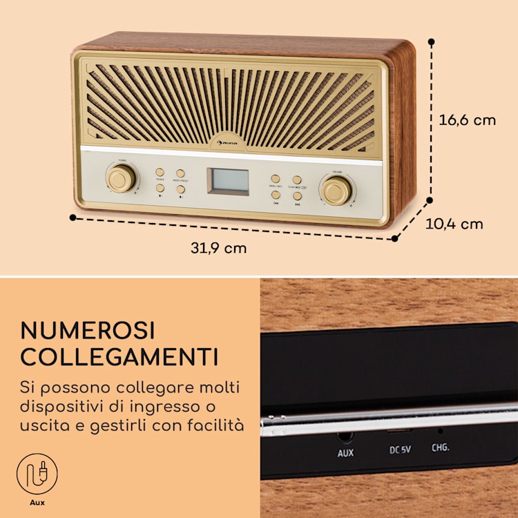 Glastonbury Go - Radio digitale, stereo, batteria agli ioni di litio, BT, DAB/FM, MP3, USB, line-in Teak