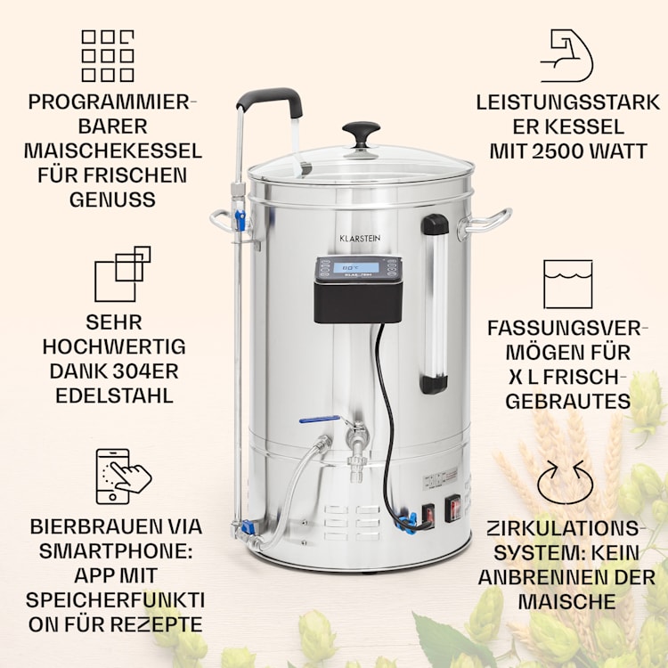 Brauheld Smart 35 Maischekessel 2500W 35L 100°C Umwälzpumpe Edelstahl 35 Ltr | Edelstahl