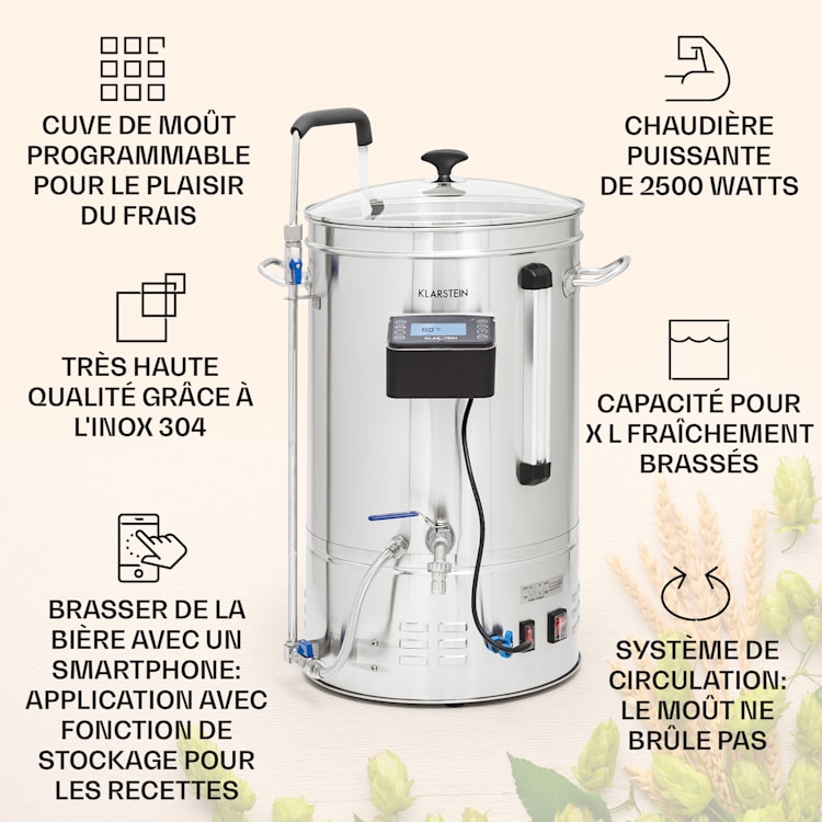 Brauheld Smart 35 cuve de brassage pompe de circulation 2500 W 35 L 100°C inox 35 L | Acier Inoxydable