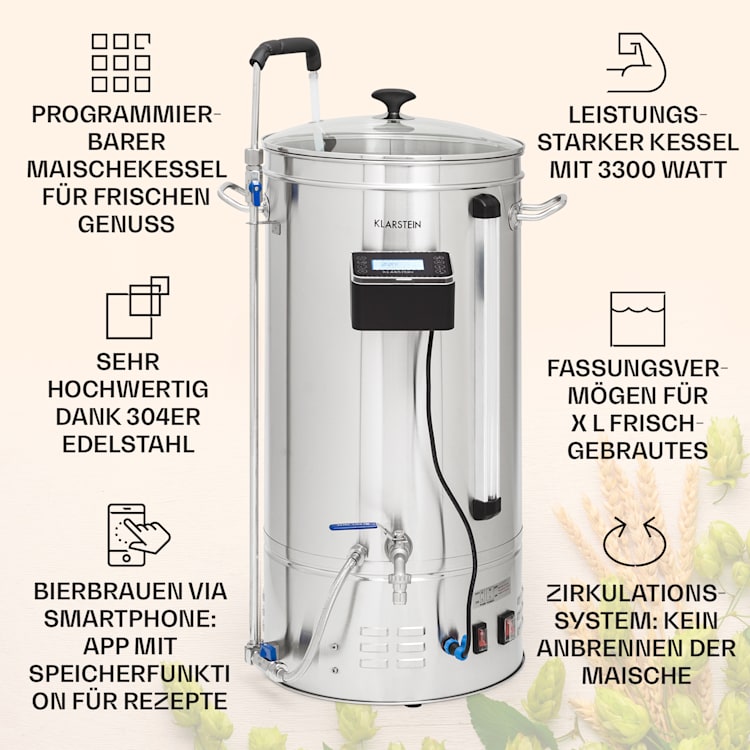 Brauheld Smart 45 Maischekessel 2500W 45L 100°C Umwälzpumpe Edelstahl 45 Ltr | Edelstahl