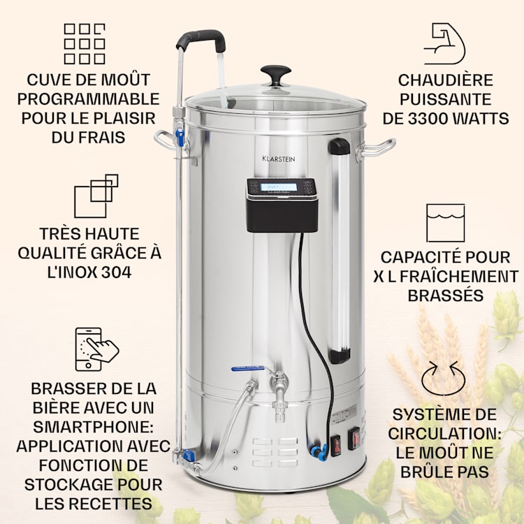 Brauheld Smart 45 cuve de brassage pompe de circulation 2500 W 45 L 100°C inox 45 L | Acier Inoxydable