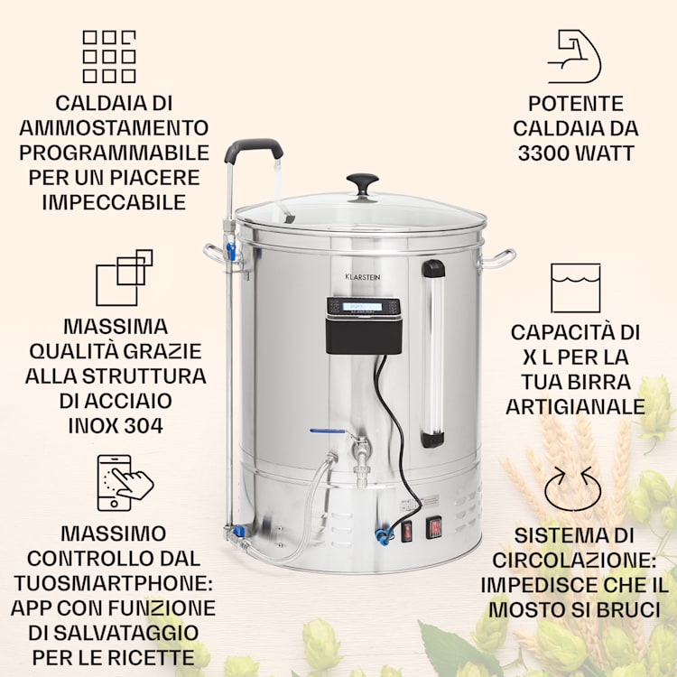 Brauheld Smart 65 - Caldaia di ammostamento, 2500 W, 65 L, 100 °C, pompa di circolazione, acciaio inox 65 Ltr | Acciaio inox