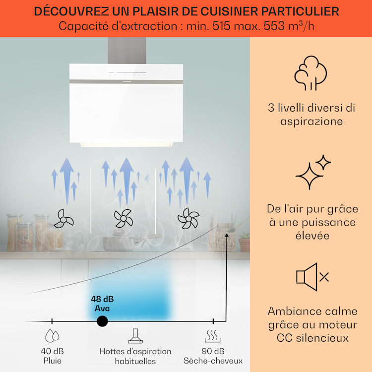 Ava 60 Hotte d'aspiration 60 cm Hotte murale WiFi A++ 515 m³/h tactile 60 cm | Blanc