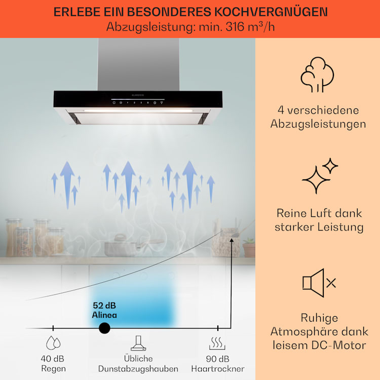 Alinea 60 Dunstabzugshaube 60cm Wandhaube WiFi A++ 500m³/h Touch 60 cm | Schwarz