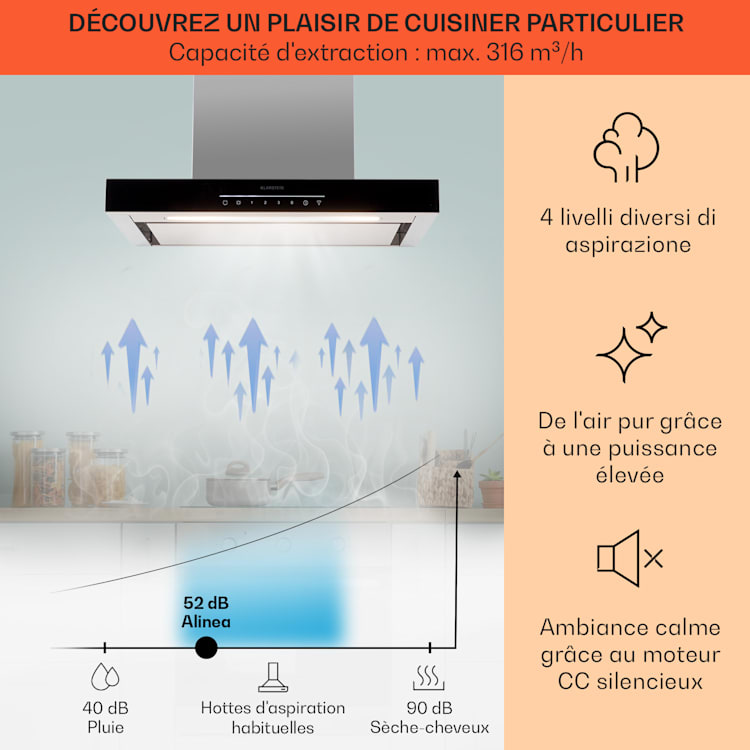 Alinea 60 Hotte d'aspiration 60 cm Hotte murale WiFi A++ 500 m³/h tactile 60 cm | Noir