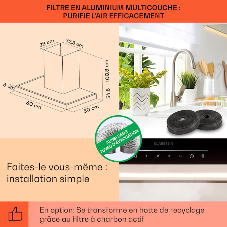 Alinea 60 Hotte d'aspiration 60 cm Hotte murale WiFi A++ 500 m³/h tactile 60 cm | Noir