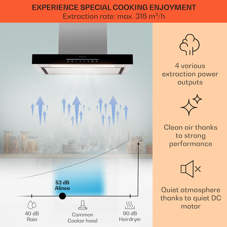 Alinea 60, digestor, 60 cm, nástenný, 500 m³/h, WiFi, A++, dotykový displej 60 cm | Čierna