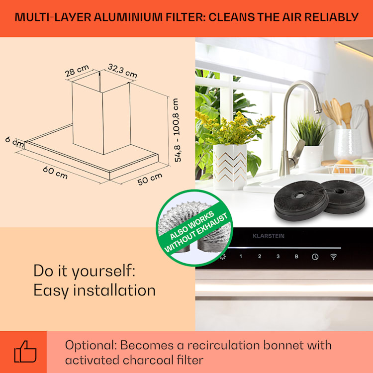 Alinea 60, digestor, 60 cm, nástenný, 500 m³/h, WiFi, A++, dotykový displej 60 cm | Čierna