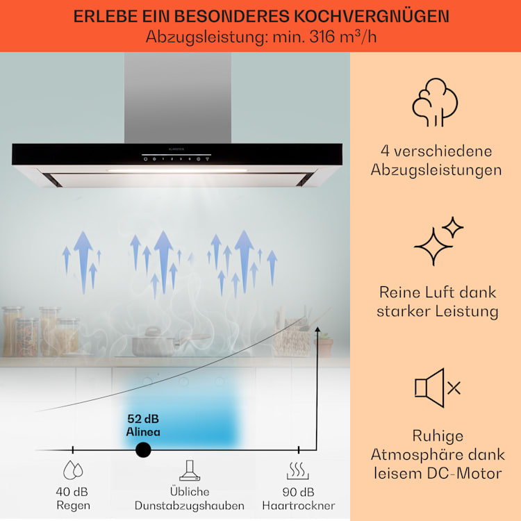 Alinea 90 Dunstabzugshaube 90cm Wandhaube WiFi A++ 500m³/h Touch 90 cm | Schwarz