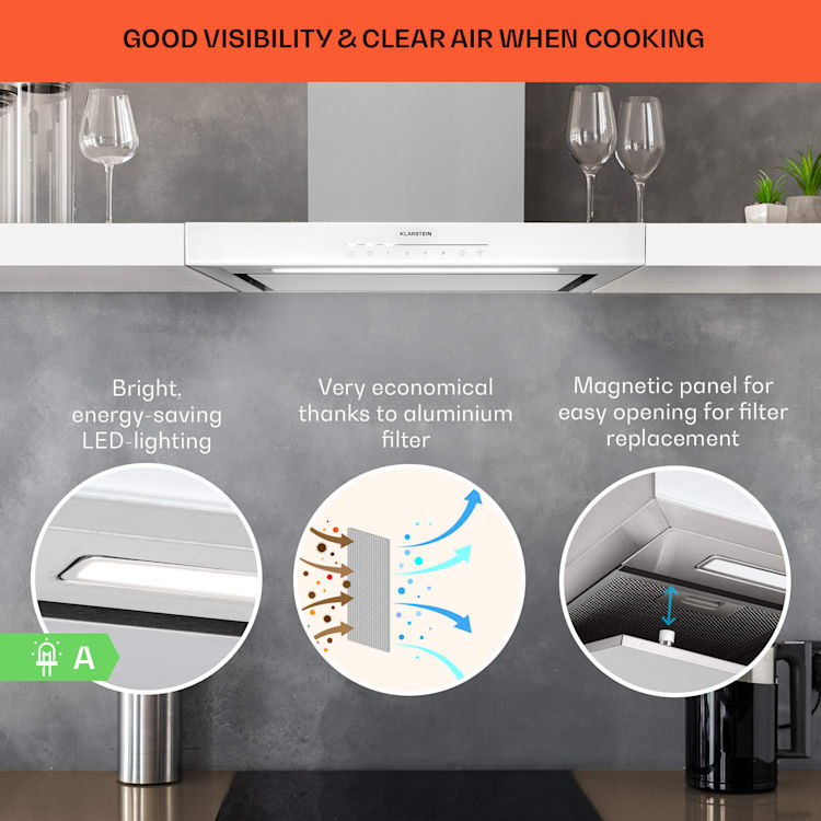 Alinea 60, digestor, 60 cm, nástenný, 500 m³/h, WiFi, A++, dotykový displej 60 cm | Biela