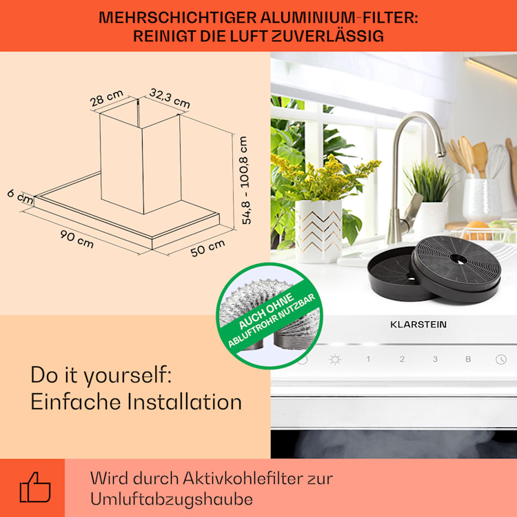 Alinea 90 Dunstabzugshaube 90cm Wandhaube WiFi A++ 500m³/h Touch 90 cm | Weiß