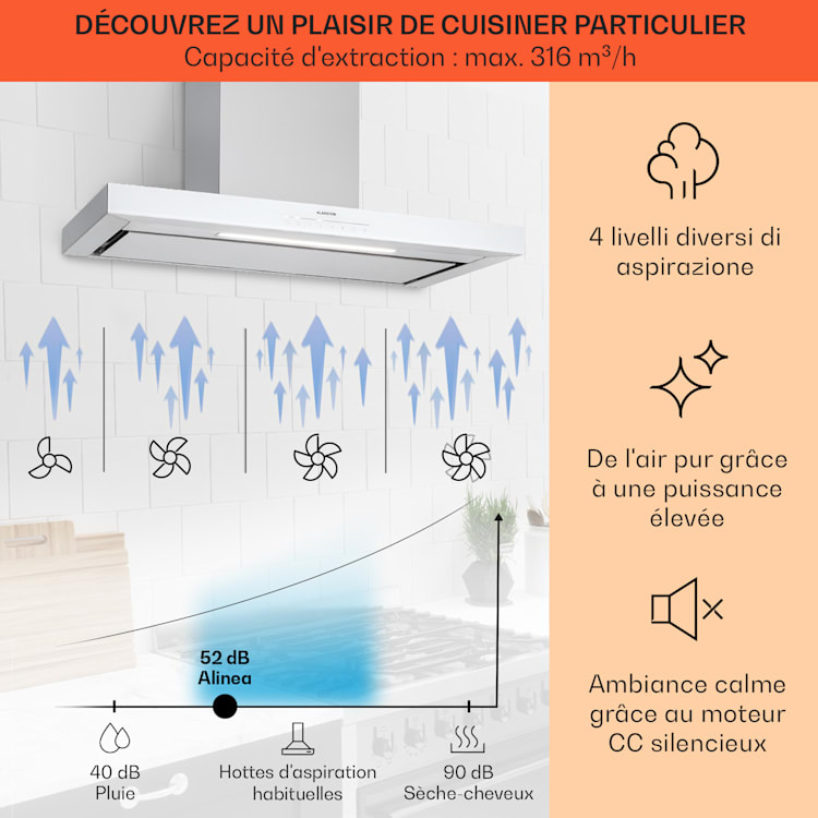Alinea 90 Hotte d'aspiration 90 cm Hotte murale WiFi A++ 500 m³/h tactile 90 cm | Blanc