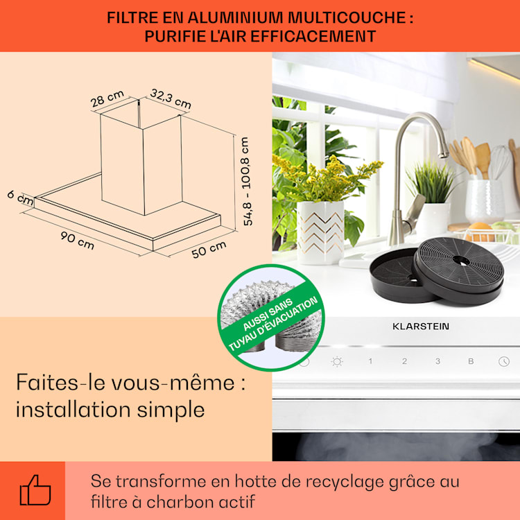 Alinea 90 Hotte d'aspiration 90 cm Hotte murale WiFi A++ 500 m³/h tactile 90 cm | Blanc