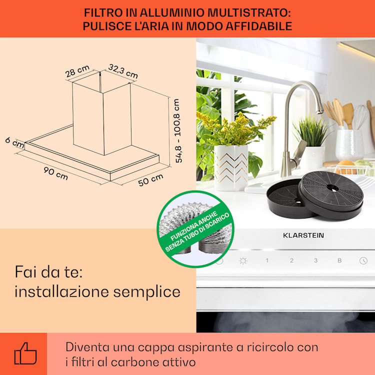 Alinea 90 - Cappa aspirante, 90 cm, cappa a parete, WiFi, A++, 500 m³/ora, touch 90 cm | Bianco