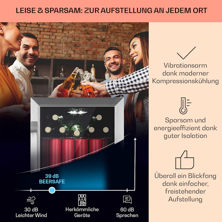 Beersafe 70 Bierzeit Edition Kühlschrank 70 Liter 3 Böden Panoramaglastür Edelstahl 70 Ltr (Bierzeit Edition) | Silber