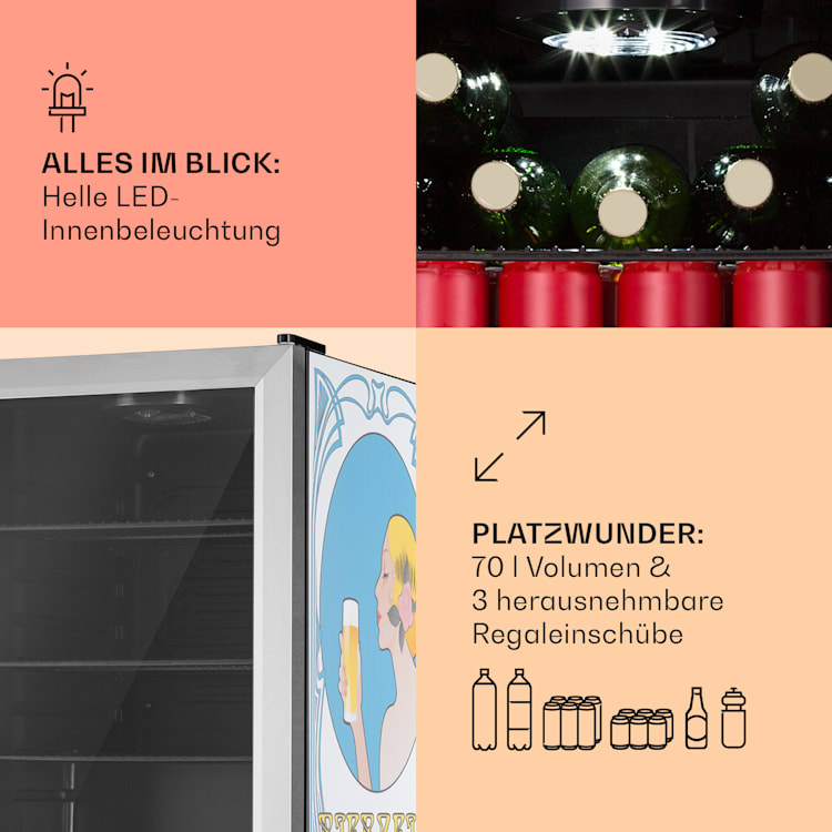 Beersafe 70 Bierzeit Edition Kühlschrank 70 Liter 3 Böden Panoramaglastür Edelstahl 70 Ltr (Bierzeit Edition) | Silber