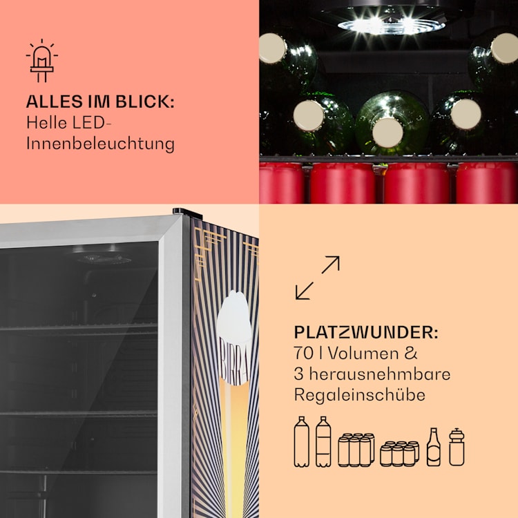 Beersafe 70 Birra Edition Kühlschrank 70 Ltr 3 Böden Glastür Edelstahl 70 Ltr (Birra Edition) | Edelstahl