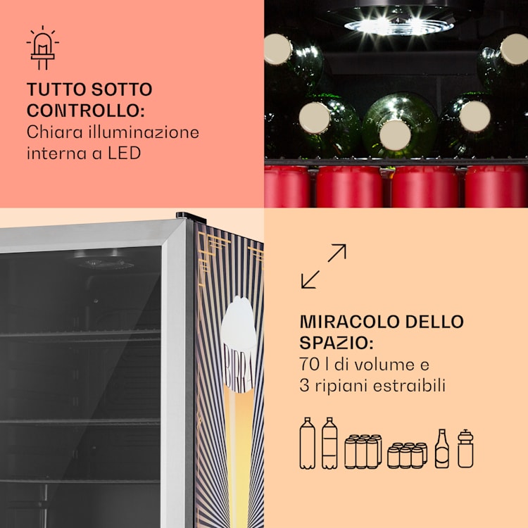 Beersafe 70 Birra Edition - Frigorifero, 70 litri, 3 ripiani, sportello panoramico in vetro, acciaio inox 70 Ltr (Birra Edition) | Acciaio inox
