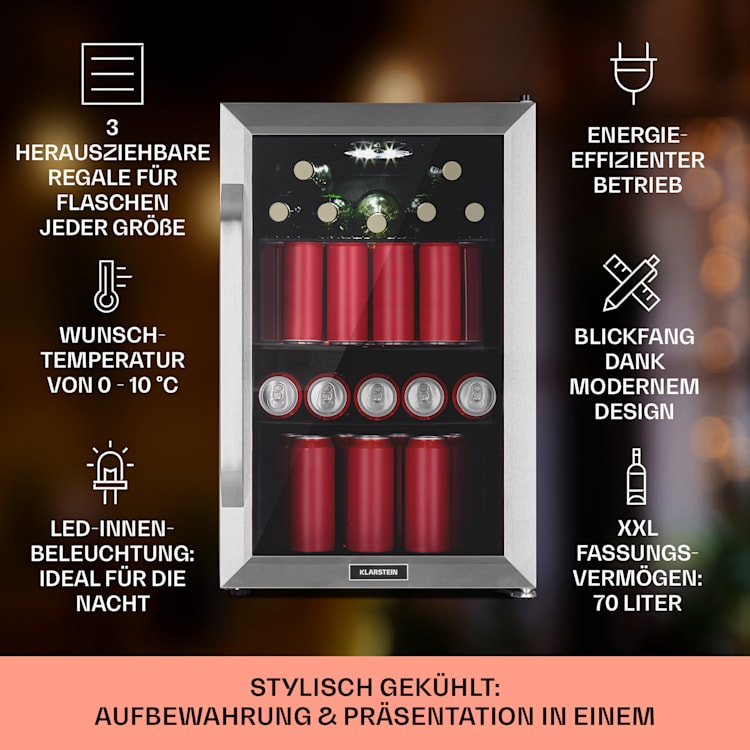 Beersafe 70 Birra Milano Edition Kühlschrank 70 Liter 3 Böden Panoramaglastür Edelstahl 70 Ltr (Birra Milano Edition) | Silber
