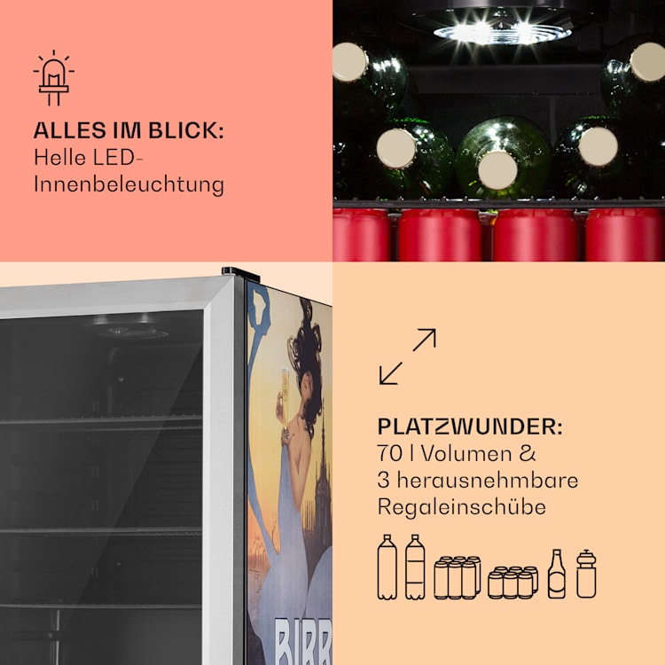 Beersafe 70 Birra Milano Edition Kühlschrank 70 Liter 3 Böden Panoramaglastür Edelstahl 70 Ltr (Birra Milano Edition) | Silber