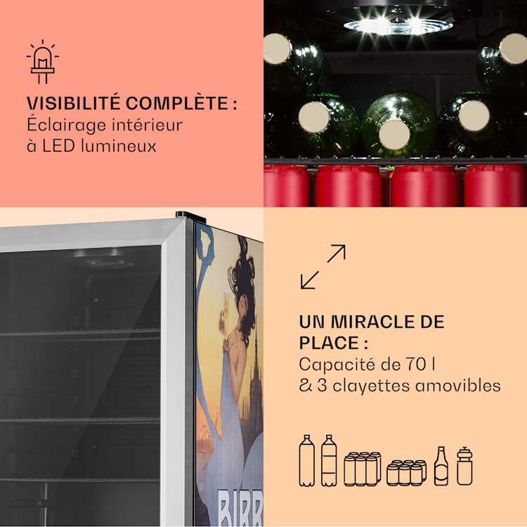 Beersafe 70 Birra Milano Edition Réfrigérateur 70 litres 3 clayettes Porte vitrée panoramique Acier inoxydable 70 L (Birra Milano Edition) | Argent
