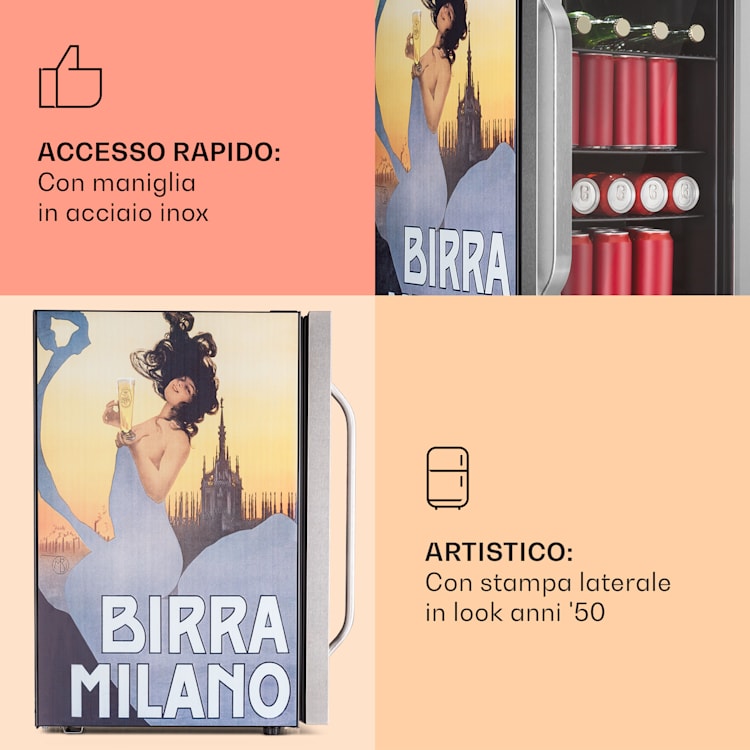 Beersafe 70 Birra Milano Edition - Frigorifero, 70 litri, 3 ripiani, sportello panoramico in vetro, acciaio inox 70 Ltr (Birra Milano Edition) | Argento
