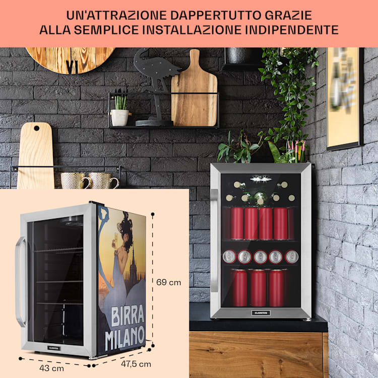 Beersafe 70 Birra Milano Edition - Frigorifero, 70 litri, 3 ripiani, sportello panoramico in vetro, acciaio inox 70 Ltr (Birra Milano Edition) | Argento