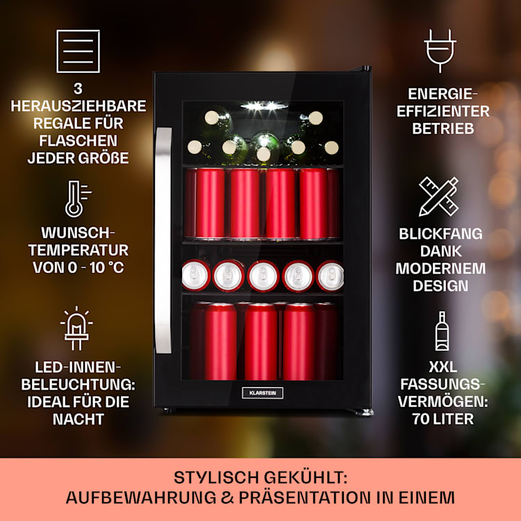 Beersafe 70 Birra Milano Edition Kühlschrank 70 Liter 3 Böden Panoramaglastür Edelstahl 70 Ltr (Birra Milano Edition) | Schwarz