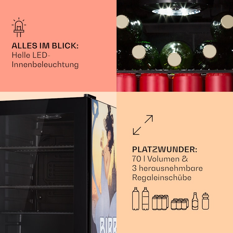 Beersafe 70 Birra Milano Edition Kühlschrank 70 Liter 3 Böden Panoramaglastür Edelstahl 70 Ltr (Birra Milano Edition) | Schwarz
