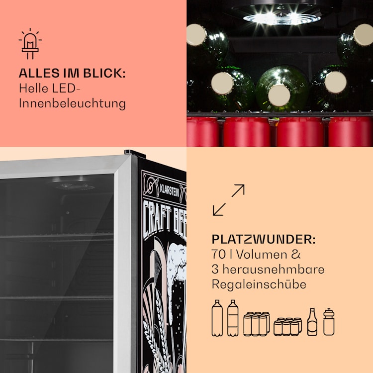Beersafe 70 Craft Beer Edition Kühlschrank 70 Liter 3 Böden Panoramaglastür Edelstahl 70 Ltr (Craft Beer Edition) | Silber