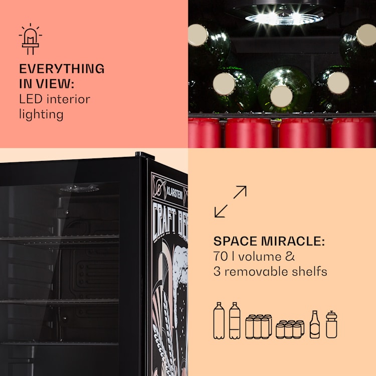 Beersafe 70 Craft Beer Edition, lodówka na napoje, chłodziarka, 70 l, 3 półki, panoramiczne szklane drzwi, stal nierdzewna 70 Ltr (Craft Beer Edition) | Czarny