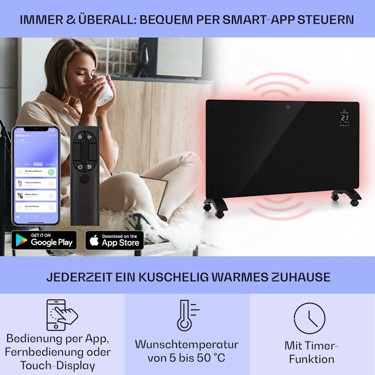 Bansin Crystal Smart Konvektions-Heizgerät 2500W 5 - 50 °C App-Steuerung 2500 W | Schwarz