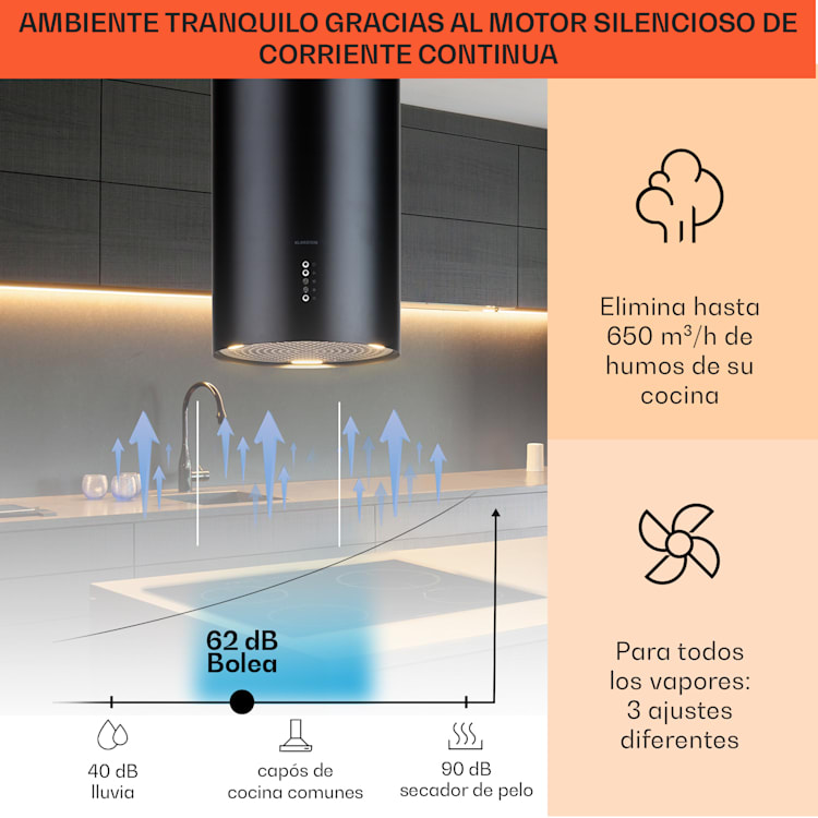 Campana de isla Bolea Ø 38 cm escape/recirculación de aire 600 m³/h LED incl. filtro de carbón activado Negro