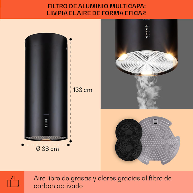 Campana de isla Bolea Ø 38 cm escape/recirculación de aire 600 m³/h LED incl. filtro de carbón activado Negro