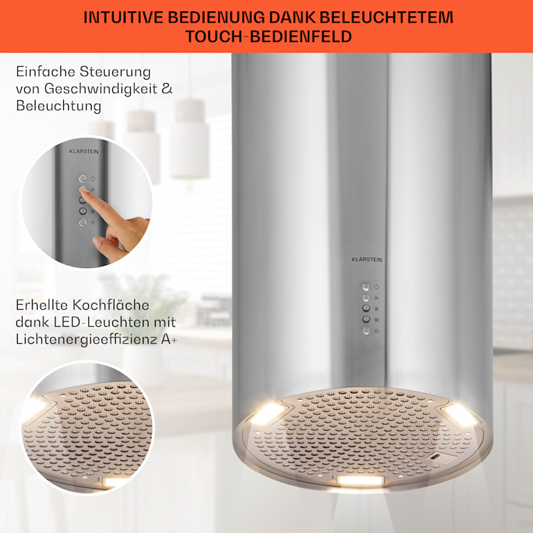 Bolea Inselabzugshaube Ø38cm Ab-/Umluft 600m³/h LED inkl. Aktivkohlefilter Edelstahl