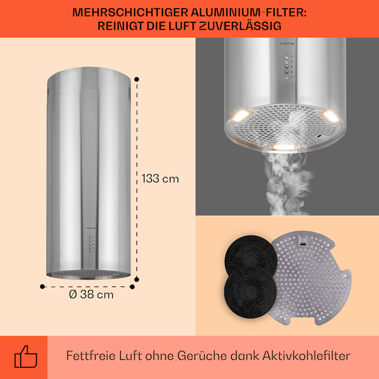 Bolea Inselabzugshaube Ø38cm Ab-/Umluft 600m³/h LED inkl. Aktivkohlefilter Edelstahl